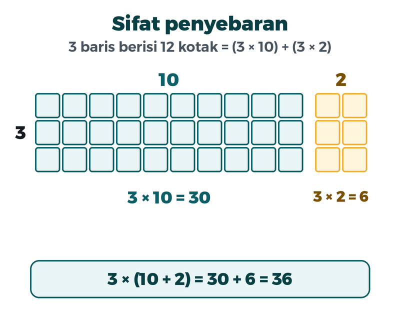 Persegi panjang 3 kali 12 kotak dipecah menjadi 3 kali 10 dan 3 kali 2; jumlahnya 30 tambah 6 sama dengan 36