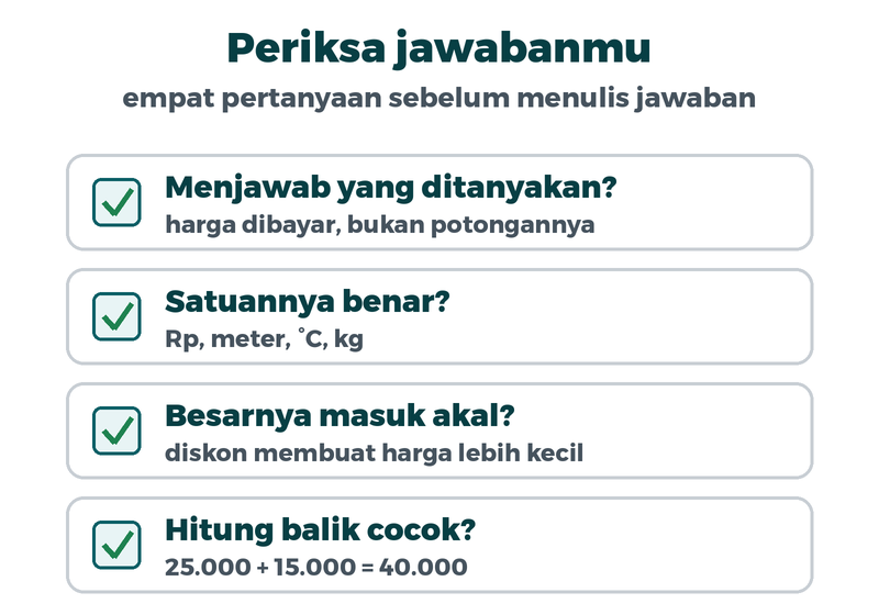 Daftar periksa: menjawab yang ditanyakan, satuannya benar, besarnya masuk akal, hitung balik cocok